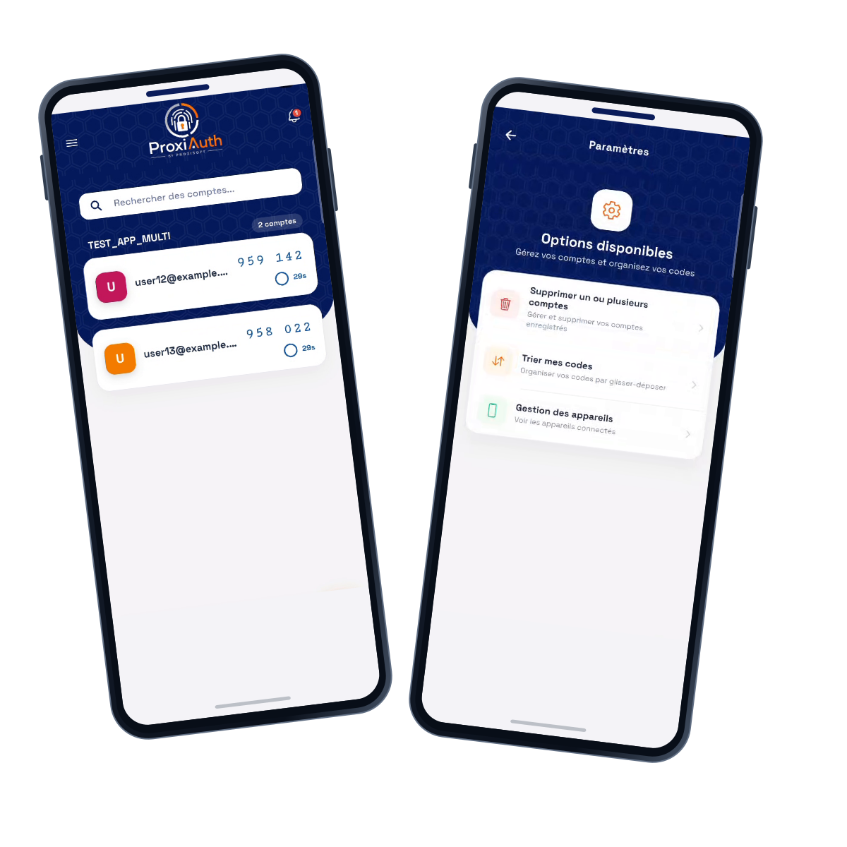 L’application ProxiAuth sur deux téléphones : comptes avec codes temporaires et paramètres de gestion, captures issues de la vidéo de démonstration.
